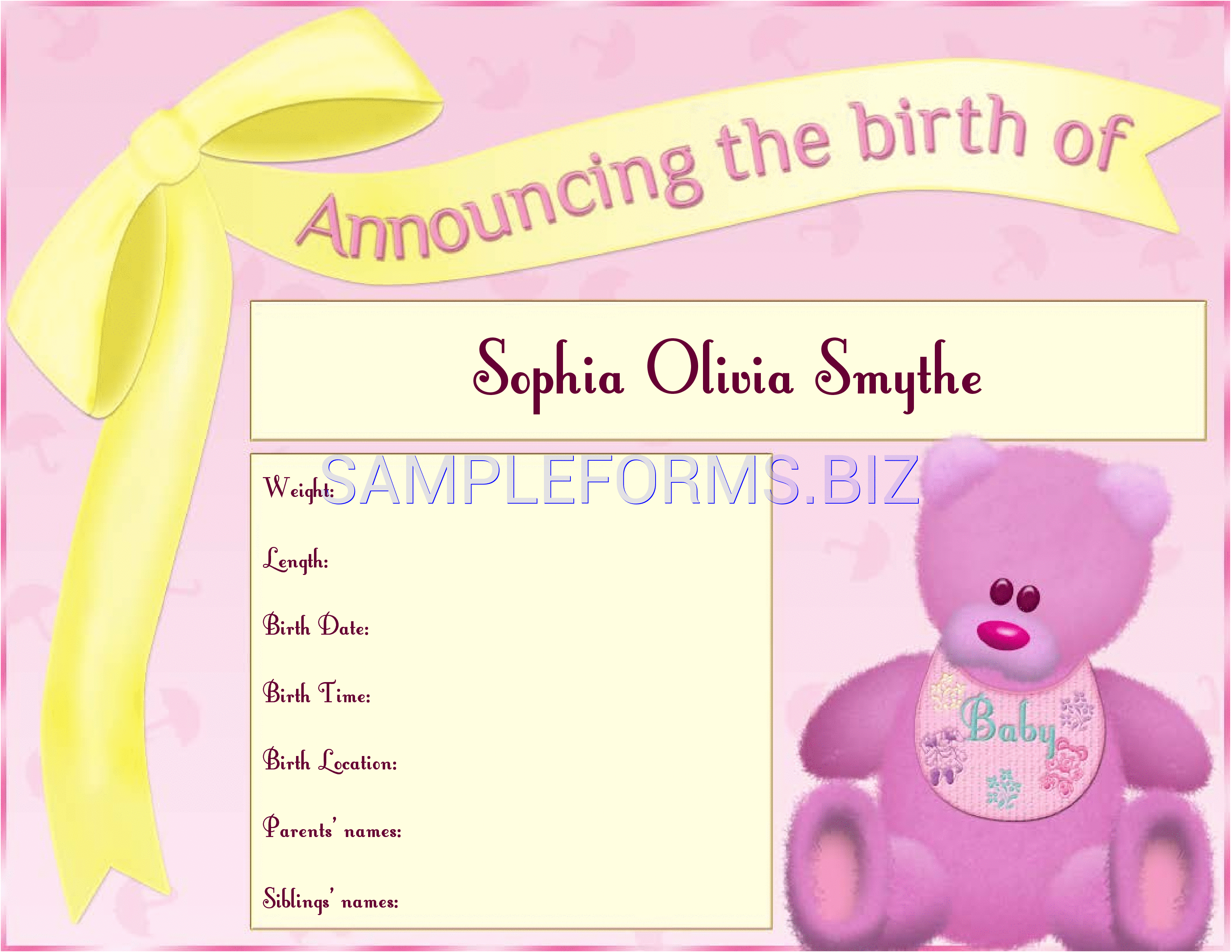Preview free downloadable Birth Announcement Template 1 in PDF (page 1)
